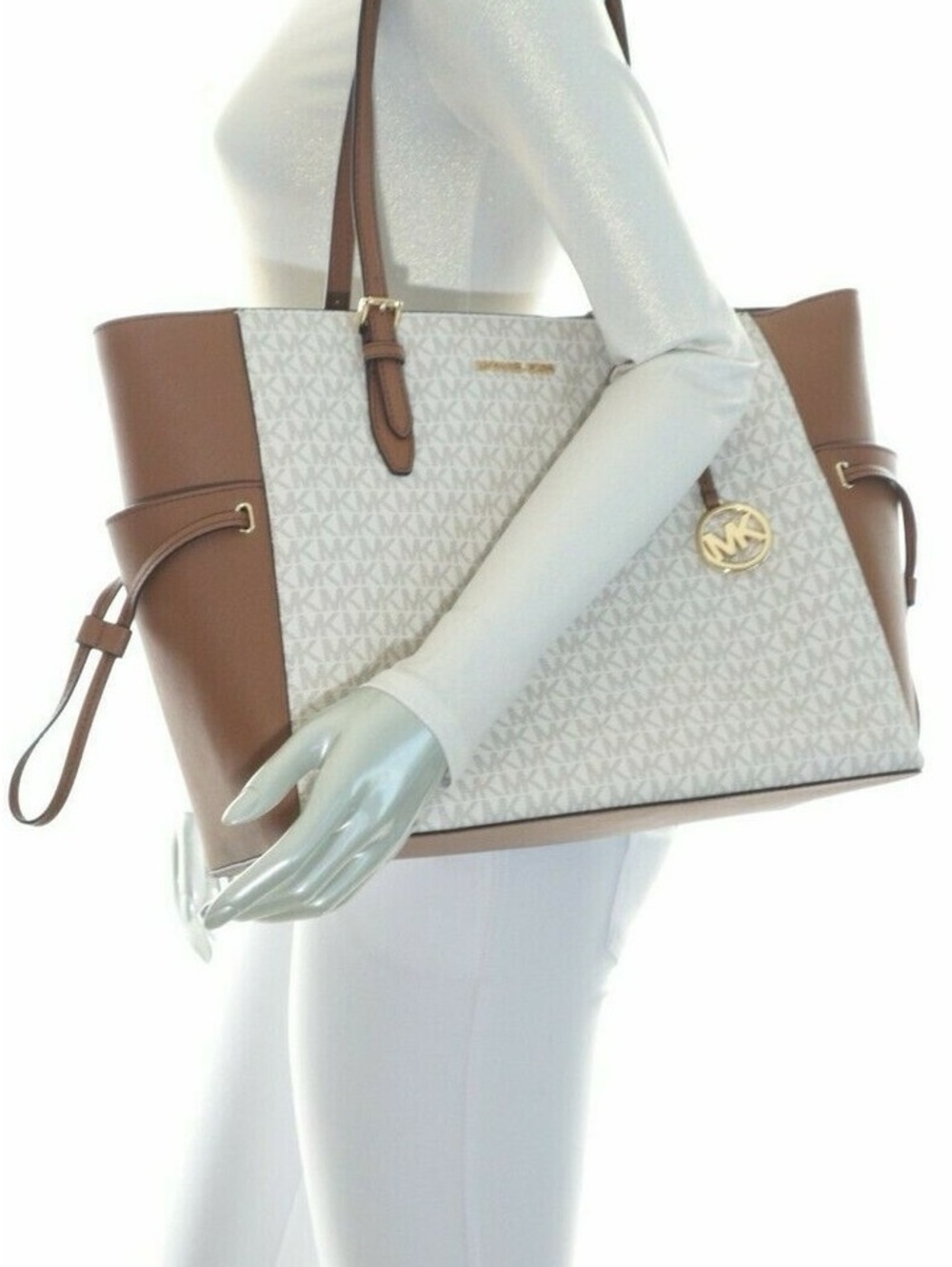Michael Kors White and Brown MK Signature Tote - Picture 5 of 8